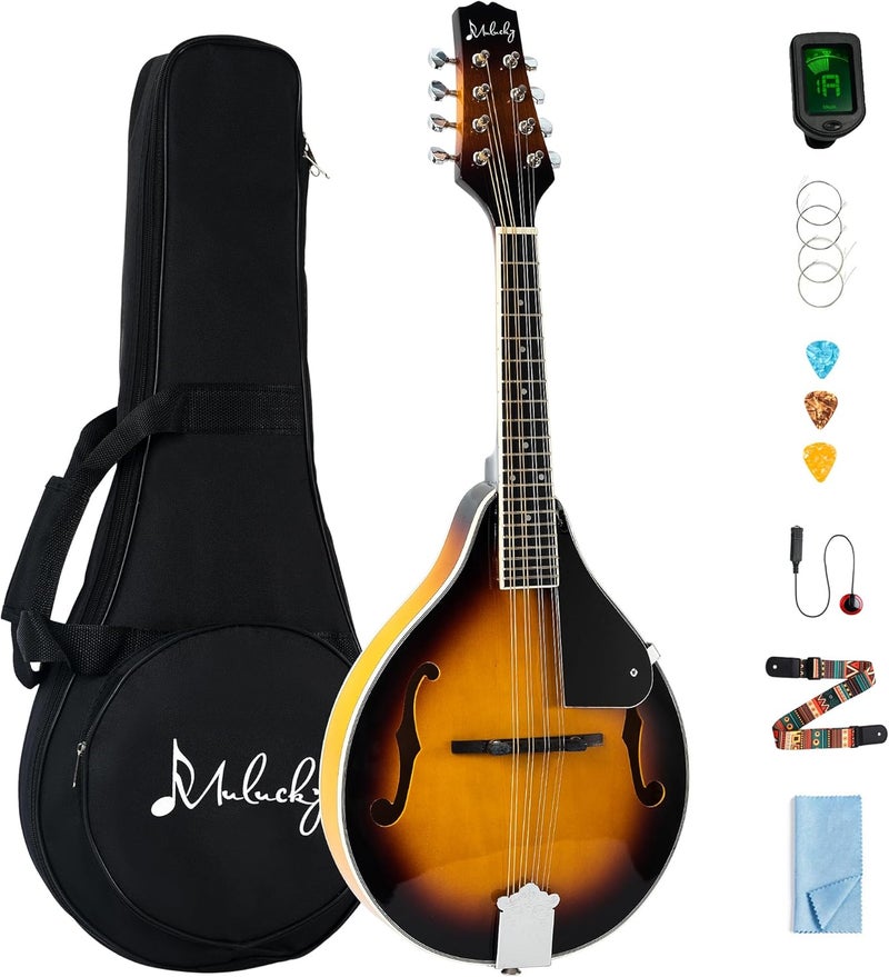 Mulucky A Style Mandolins Instrument, 8 String Acoustic Mandolin with Beginner Kit, Case, Tuner, String, Picks - Sunburst - Image 1